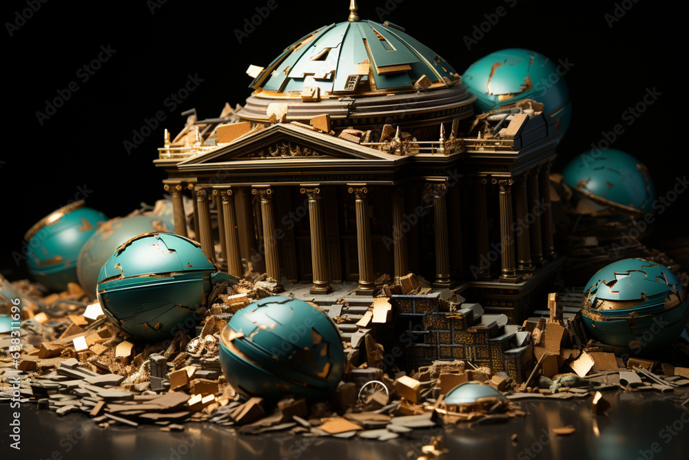 Poster Bank collapse. A bank or financial institution, going down failing or collapsing Generative AI technology...