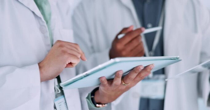 Scientist hands, collaboration and tablet or documents for research, vaccine results and test comparison or checklist. Medical, doctors or science people on digital technology and notes in laboratory