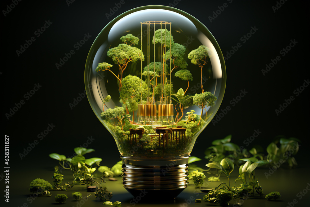 Poster a symbolic light bulb surrounded by symbols of green energy. renewable energy sources, sustainable r
