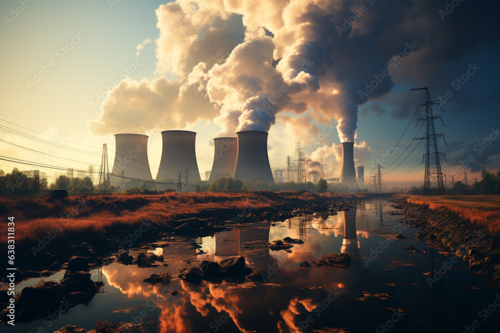 Poster a typical nuclear reactor in the distance. a scene with a nuclear electric generation plant with ste