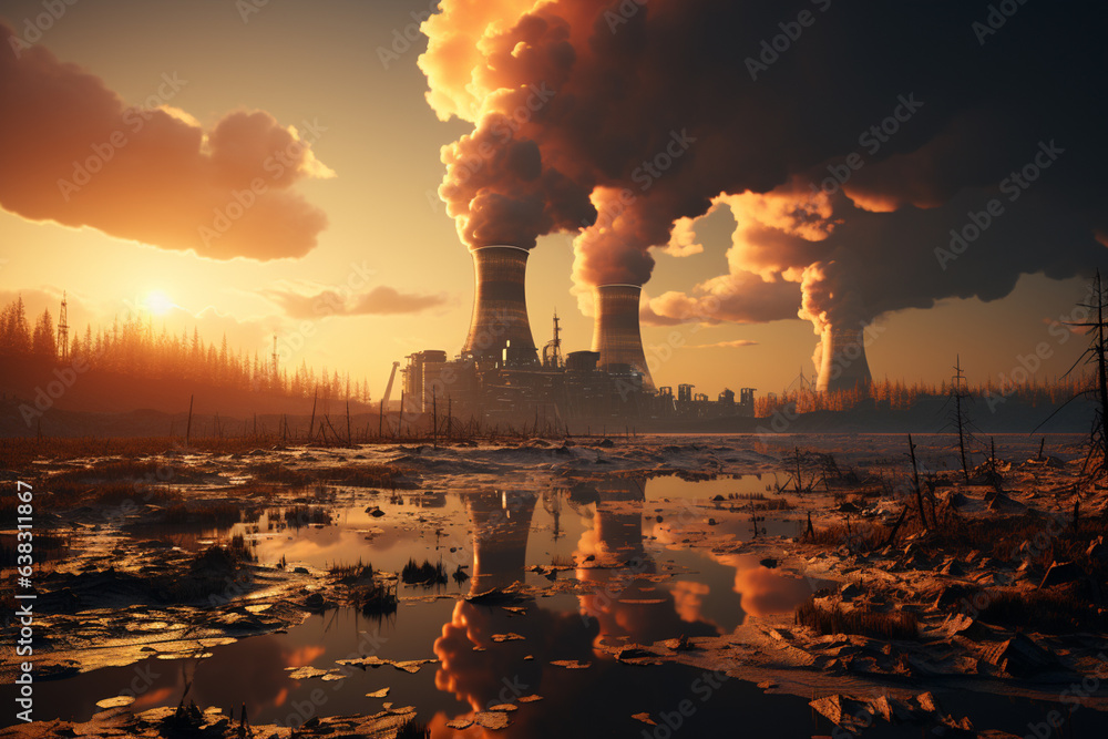 Poster a typical nuclear reactor in the distance. a scene with a nuclear electric generation plant with ste