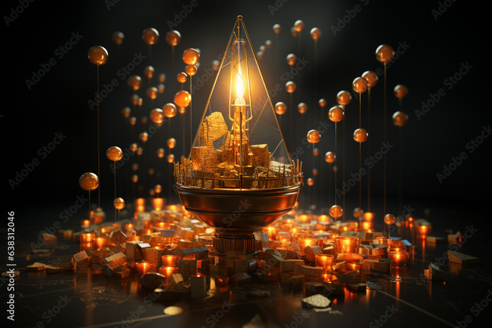 Poster power lines in symbolic light bulb, stock price charts and ascending arrows with dollar and euro sym