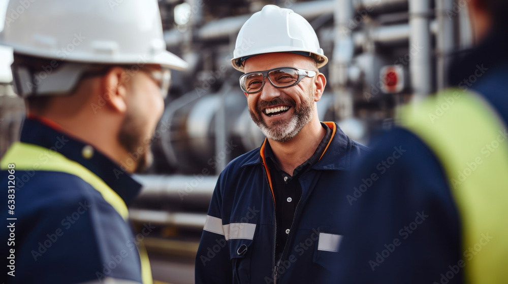 Wall mural close-up engineer team talking smile on gas power plant background