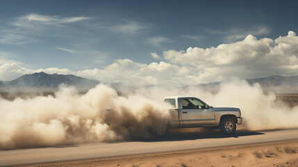 Pickup truck in motion on a country road with clouds - Powered by Adobe