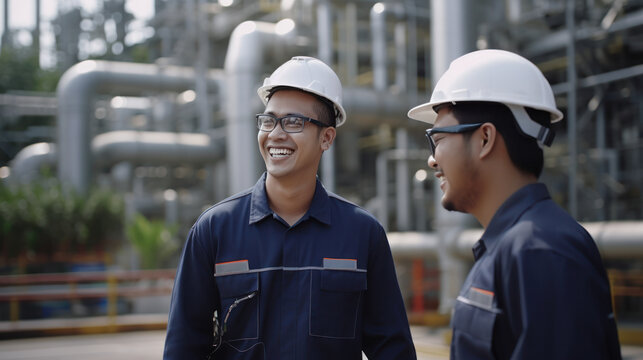 Close-up engineer team talking smile on gas power plant background