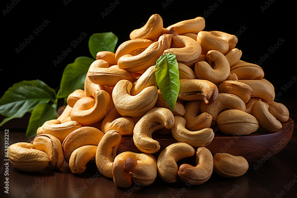 Aufkleber cashew nuts heap isolated on transparent or white background, top view, generative ai technology...