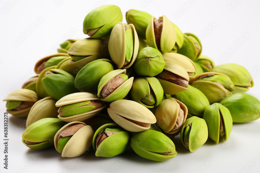 Poster Unshelled pistachios isolated on transparent or white background  Generative AI technology...
