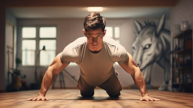 A man in the gym doing pushups, fitness stock photos