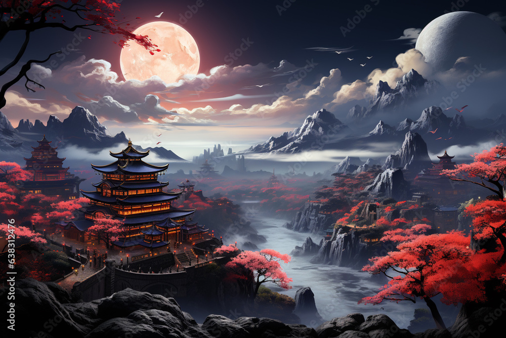 Poster chinese style fantasy landscape illustration. castle and islands floating in the sky generative ai t