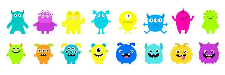 Happy Halloween Monster set line. Cute cartoon kawaii colorful scary funny character icon. Eyes, horns, hands, tongue, fang teeth . Funny baby collection. Flat design. White background Isolated.