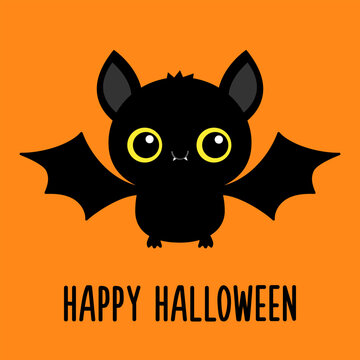 Cute bat flying black silhouette icon. Happy Halloween. Cartoon funny baby character with big open wing, yellow eyes, ears. Forest animal. Flat design. Orange background. Isolated. Greeting card.