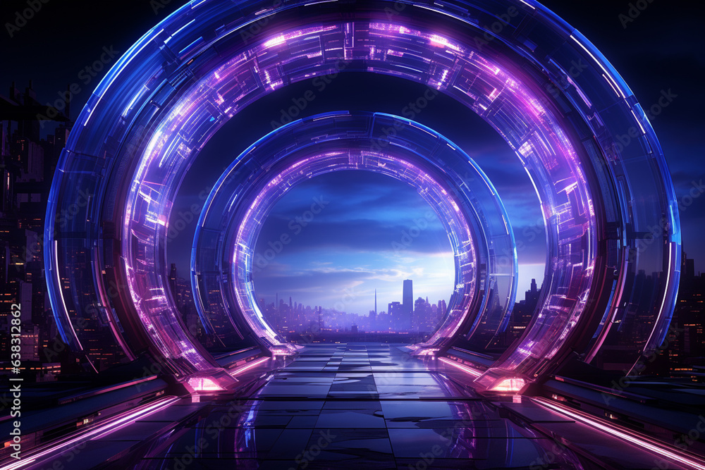Poster sci-fi tunnel with blue and violet neon lights. abstract high-tech tunnel as background in the style