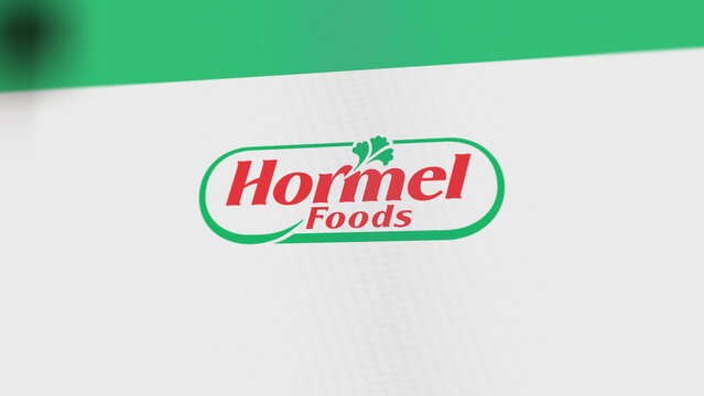 Hormel Foods on a white wall of screens. Hormel Foods brand on a device, Austin, Minnesota. 