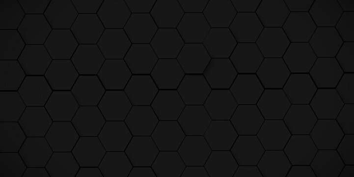 Background of abstract black hexagon background design a dark honeycomb grid pattern. Abstract octagons dark 3d background.Black geometric background for design.
