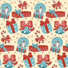 Christmas seamless pattern. Gifts, a snow globe, a bell and sweets. Vector, flat style. Perfect for textile, wallpaper or print design.