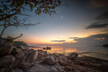 Tropical beach at beautiful sunset, Bintan Island, Indonesia