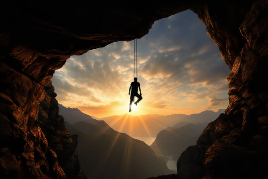 Silhouette of a climber delicately balancing on a slim mountain ledge, conveying the fragile dance between risk and reward