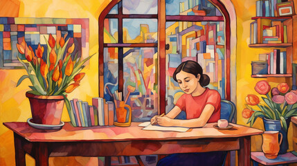 Fototapeta na wymiar Home study by girl in yellow shirt sitting at the table on top of bookshelf, education stock images