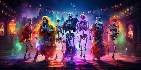 Fototapeta na wymiar illustration of skeletons which dancing on Halloween disco party