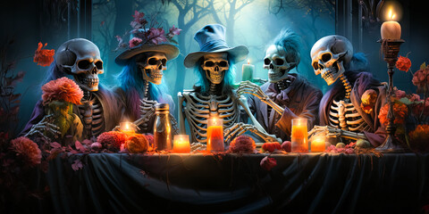 skeletons in stylish festive outfit sitting at the table and celebrating Halloween
