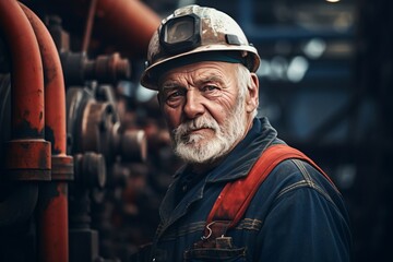 Old senior man worker engineer with beard on the plant, close-up portrait