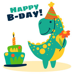 Cute cartoon tyrannosaurus in a birthday hat, with a flower and a cake. A flat illustration of a children's festive dinosaur. Happy birthday concept. Vector animal character Perfect for greeting cards © Svetlana