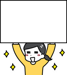 笑顔で紹介している私服の若い女性(上半身)