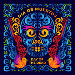 Day of the dead badge, or sticker, Dia de los Muertos decorative background