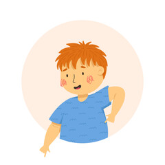 Happy little boy pointing fingers down. Vector cartoon illustration. Funny kids characters. Child in the colorful circle and the white background. Ideal for avatar, portrait, stickers