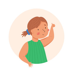 Happy little girl thumbs up. Vector cartoon illustration. Funny kids characters. Child in the colorful circle and the white background. Ideal for avatar, portrait, stickers