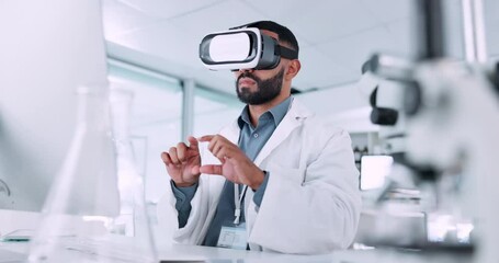 Man, scientist and VR or futuristic glasses for healthcare software, metaverse and 3d laboratory in digital experience. Medical worker or doctor hands in virtual reality, science research and vision