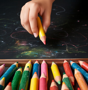 A close-up shot of a teachers hands writing on a chalkboard, education stock images