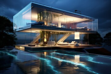 Fototapeta premium Modern glass house next to big pool