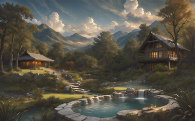 Fototapeta premium Mountain and lake Landscape. Cartoon mountains, forest and river scene. Wildlife mystical, Hiking adventure