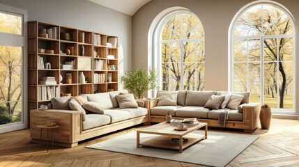 Fototapeta premium Modern Scandinavian minimalist style living room interior. Generative AI