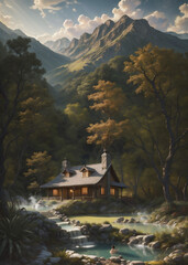 Mountain and lake Landscape. Cartoon mountains, forest and river scene. Wildlife mystical, Hiking adventure