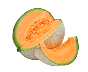 slice of japanese melons, orange melon or cantaloupe melon with seeds isolated, png