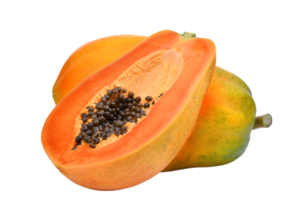 whole and half of ripe papaya fruit with seeds isolated, png