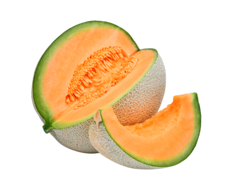 slice of japanese melons, orange melon or cantaloupe melon with seeds isolated, png