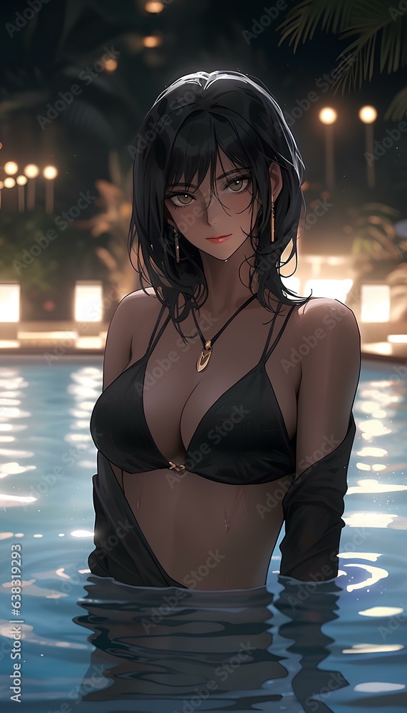 Wall mural beautiful mature anime woman age 35, short wet wavy black hair, in an infinity pool in private pool 