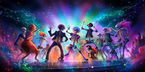 Fototapeta na wymiar illustration of festive dressed skeletons at ball, costume Halloween party