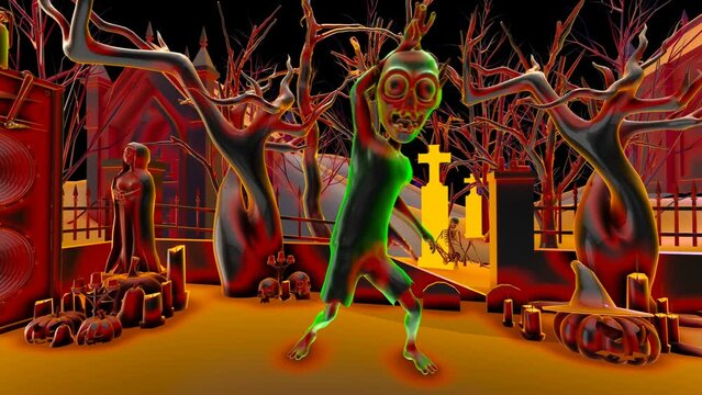 Seamless animation of a glass zombie thriller dancing in a party at a graveyard with skeletons and pumpkins. Funny cartoon character for Halloween background.