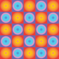 Glowing circle pattern orange, yellow, blue, pink, and purple colorful vector background isolated on square template.