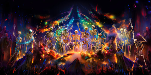 Obraz premium illustration of skeletons which dancing on Halloween disco party