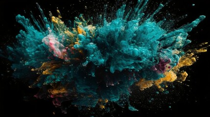 Fototapeta na wymiar Cyan Paint Splashes Ignite a Fantastical Explosion on a black background, Illuminating Free Space with Artistic Magic. Generative AI