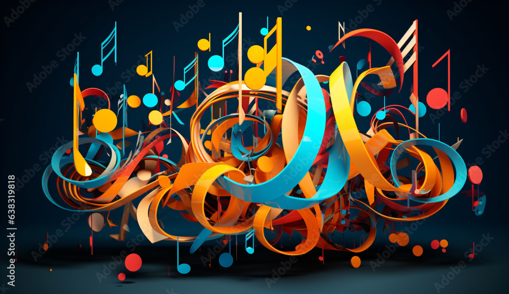 Wall mural modern multicolor music background with abstract structure and musical notes, futuristic and surreal