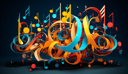 modern multicolor music background with abstract structure and musical notes, futuristic and surreal sound sculpture with curved shapes