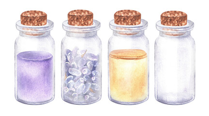 Bottles with essential oil and lavender extracts Set. Watercolor illustration of flower cosmetic elixir for aromatherapy. Hand drawn clip art isolated on white background. Bundle drawing for stickers