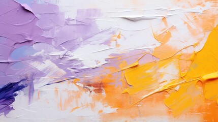 Abstract oil painting on canvas. Paint spots. Strokes of purple, orange and white paint 