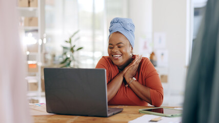 Black woman, laptop and celebration for business sale, promotion or good news at the office. Happy...